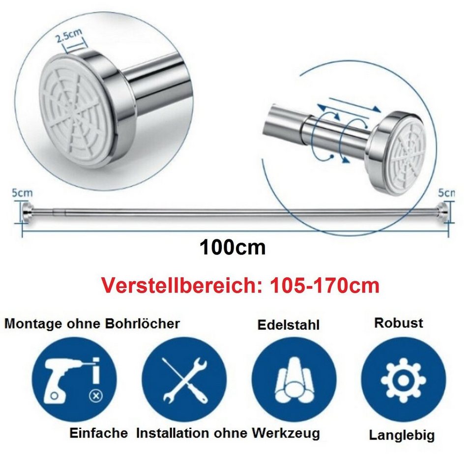 Duschvorhangstange 100 cm Duschvorhangstange ohne Bohren verstellbar von  105cm bis 170cm, BAYLI