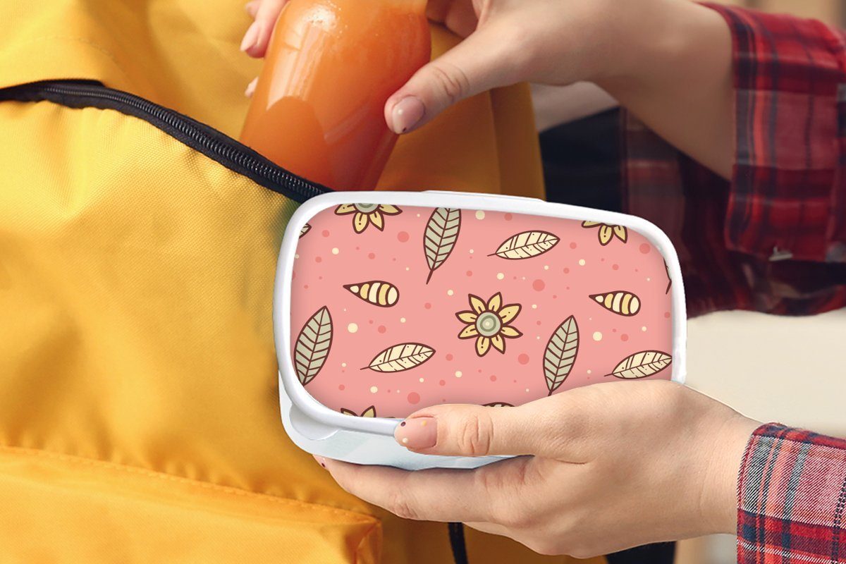 MuchoWow Lunchbox Muster - Mädchen für weiß für - Kinder Brotbox - Jungs (2-tlg), Kinder Blumen und - Mädchen - Blätter und Brotdose, Kunststoff, Erwachsene, Kinder