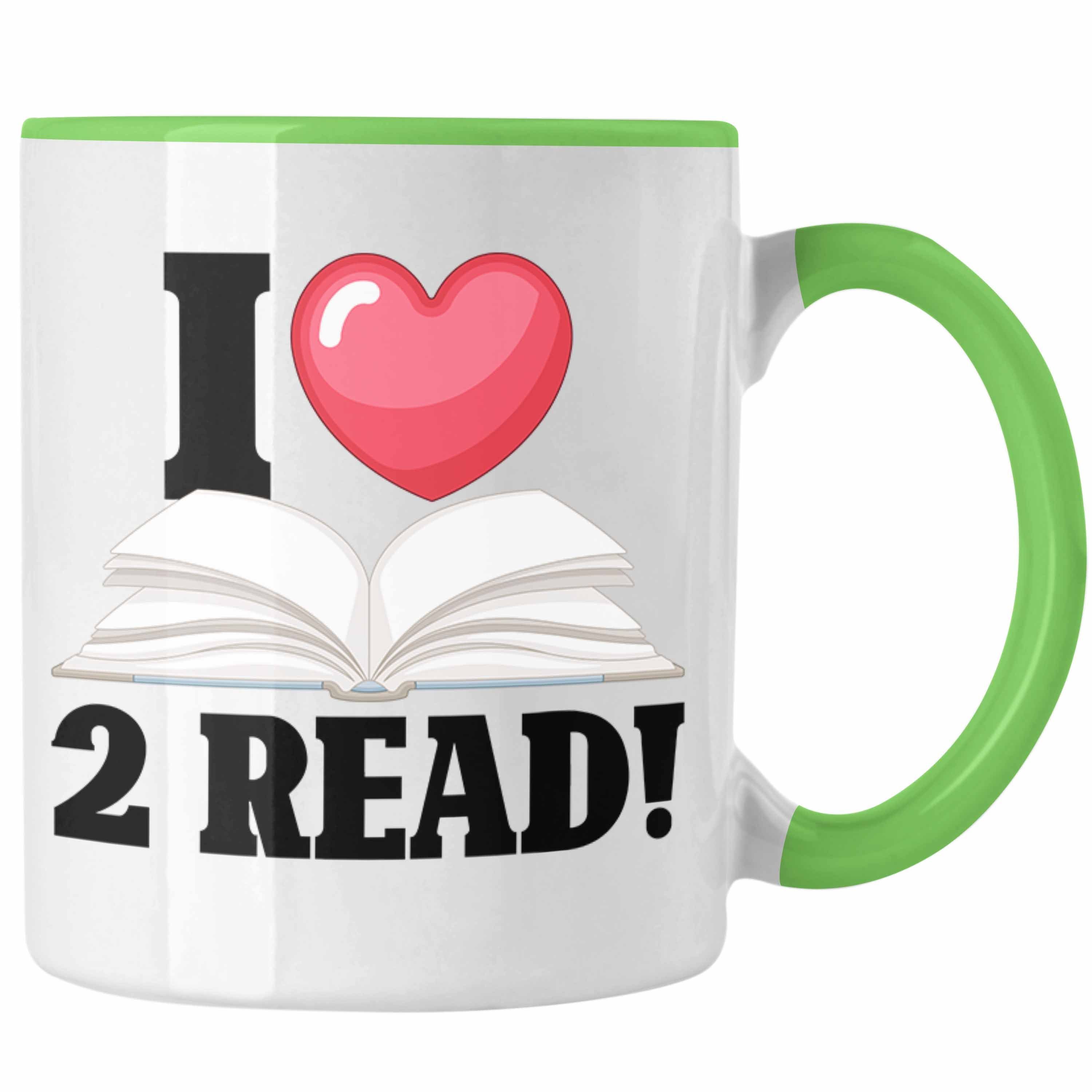 Trendation Tasse Bücherwurm Lustige Tasse für Leseratten - "I Love 2 Read" Bücher-Tasse Grün