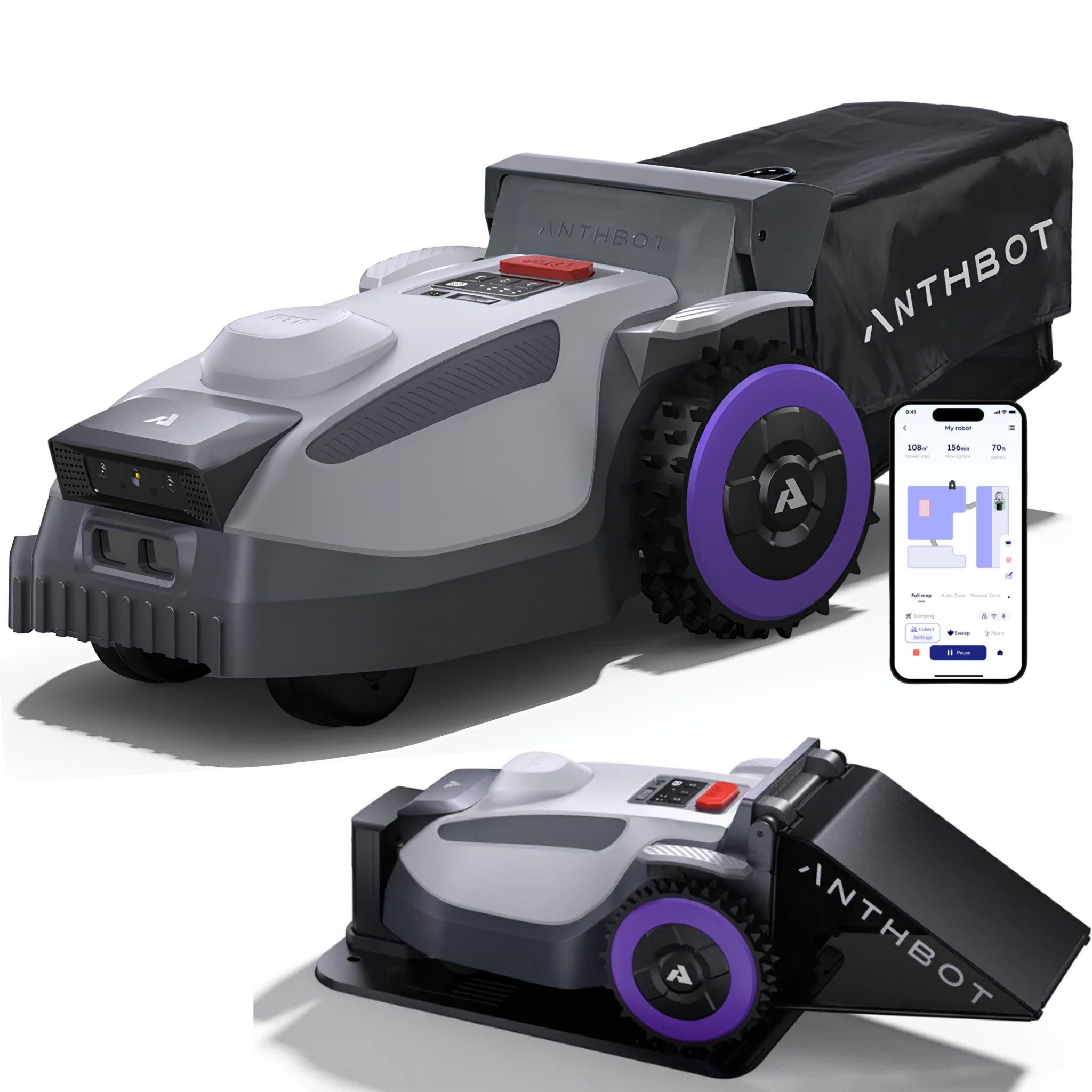 ANTHBOT Rasenmähroboter N8 Serie ohne Begrenzungskabel, 4-in-1, 23L Fangkorb, Auto-Entleerung, bis 1500 m² Rasenfläche, (Mähen, Mulchen, Grasschnitt sammeln & trockenes Herbstlaub aufnehmen, Full-Band-RTK + Dual-Kamera AI + KI-Hinderniserkennung), Auto-Laden & Fortsetzen, Schnitthöhe per App, bis 45 % Steigung