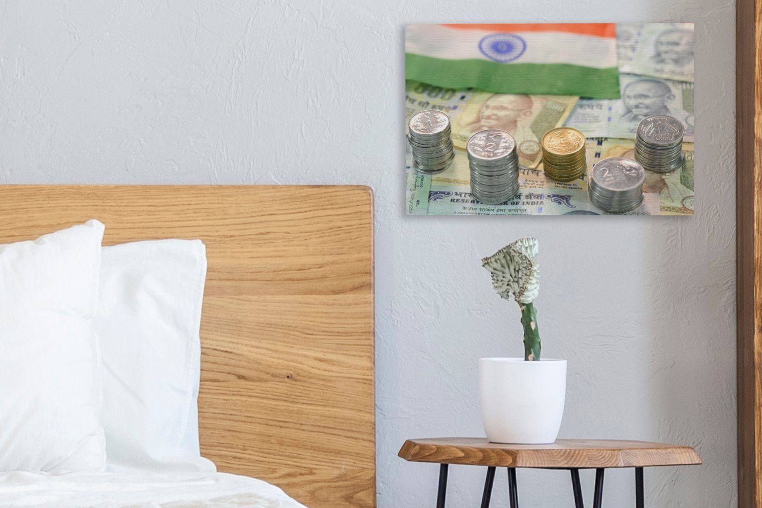 einem Wanddeko, St), (1 OneMillionCanvasses® Indiens auf Wandbild Geldscheine, Stapel Leinwandbilder, Die Leinwandbild 30x20 Flagge Aufhängefertig, cm