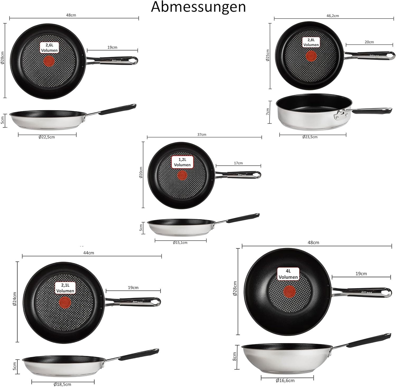 Tefal Pfannen-Set Jamie Oliver E76 Pfannenset 20,24,28cm + Wok 28cm Schmorpfanne mD 25cm, Edelstahl 18/10 (Pfanne, Bratpfannen Set, Pfannenset, Wok, Wokpfanne, Schmorpfanne, Pfannen + 1 Wender & Schoner Antihaftbeschichtet Pfannenset mit Deckel), ohne Fett / Öl braten