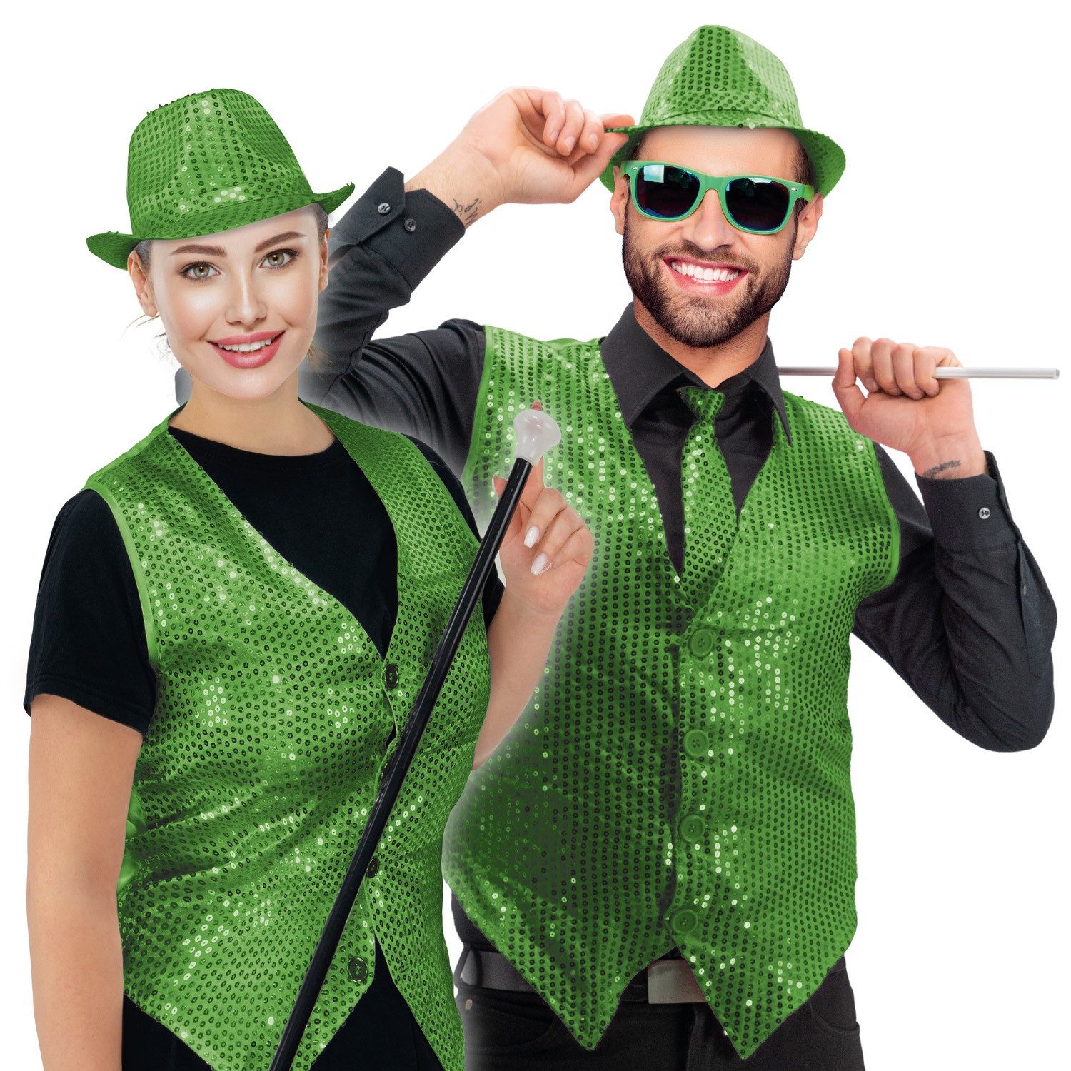 Party Factory Kostüm Pailletten Weste unisex - Dunkelgrün S, mit leuchtenden, reflektierenden Pailletten versehen