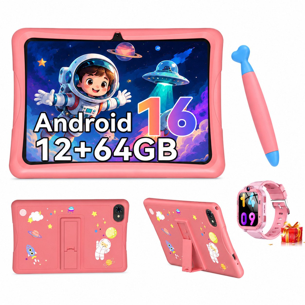 VekfulPC 10,1" Kinder Tablet Android 16 mit Schutzhülle, 64GB, inkl. Kinderuhr Tablet (10,1", 64 GB, Android 16, Google Kids Space, 10,1" HD, 5000mAh, 12GB)