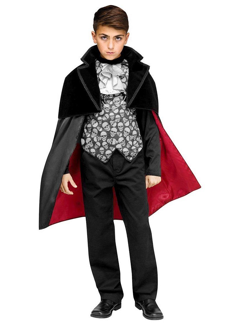 Fun World Vampir-Kostüm Vampirprinz - Halloween Kostüm Kinder Junge, Nobles Vampirgewand mit Totenköpfen