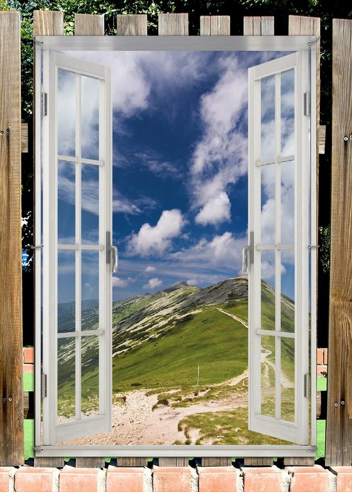 Thumbnail - Wallario Sichtschutzzaunmatten Alpenluft, mit Fenster-Illusion