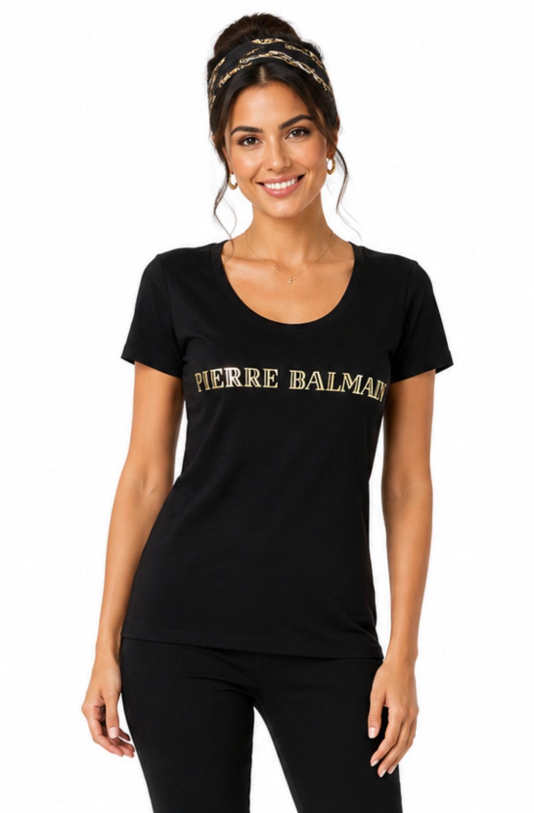 Balmain Paris T-Shirt Damen Pierre Balmain mit ikonischem Logo-Print U-Boot Kragen Taillierter Schnitt, schmaler Passform, Goldfarbener Logo-Print – Bild 5 von 5