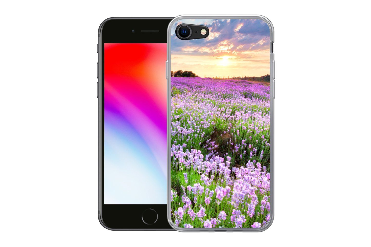 MuchoWow Handyhülle für Apple iPhone 8 Blumen - Lavendel - Lila - Himmel - Sonnenuntergang, Smartphone-Bumper, Print, Handy Schutzhülle Dünn