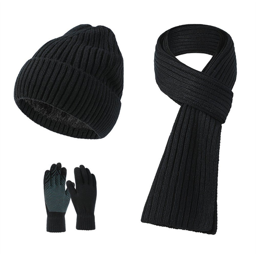 Schal Plüsch Schwarz Dreiteiliges Rouemi Handschuhe & Kalt Mütze Mütze Mützenset, Warm Set Schal