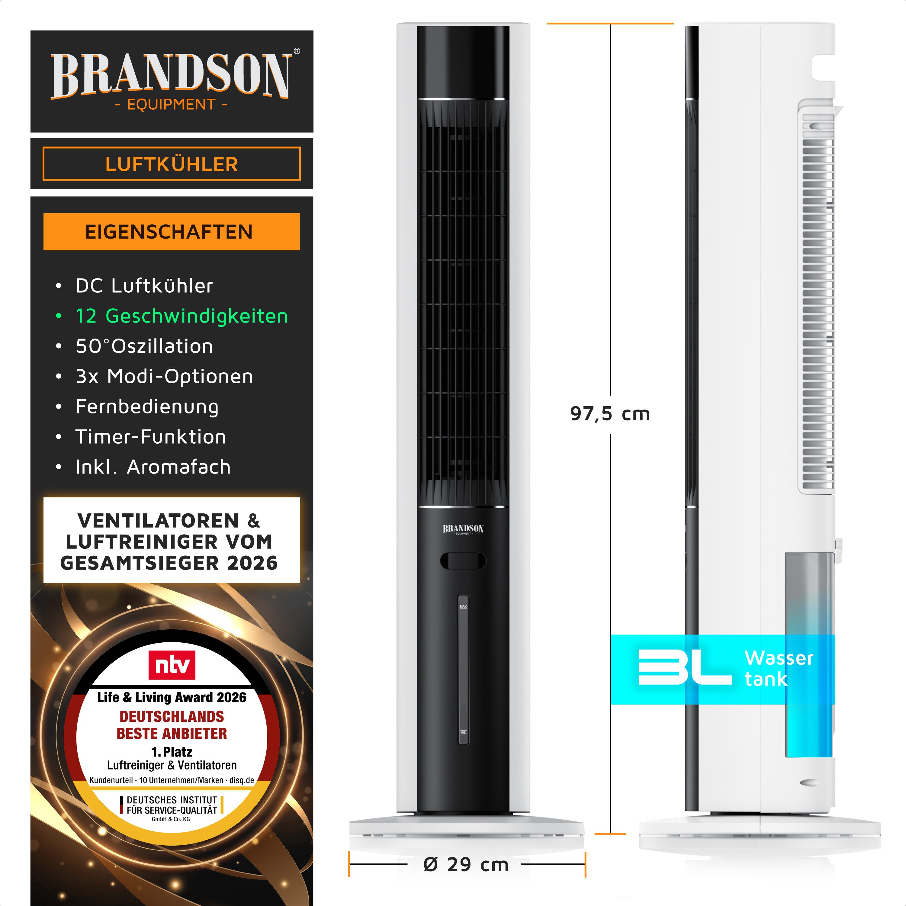 Brandson Ventilatorkombigerät Mobiler Luftkühler, 3L Wassertank, Luftbefeuchter, Verdunstungskühler, Sieger Life & Living Award 2026, 3 Modi, Autostopp, Timer, Lüfter 40W