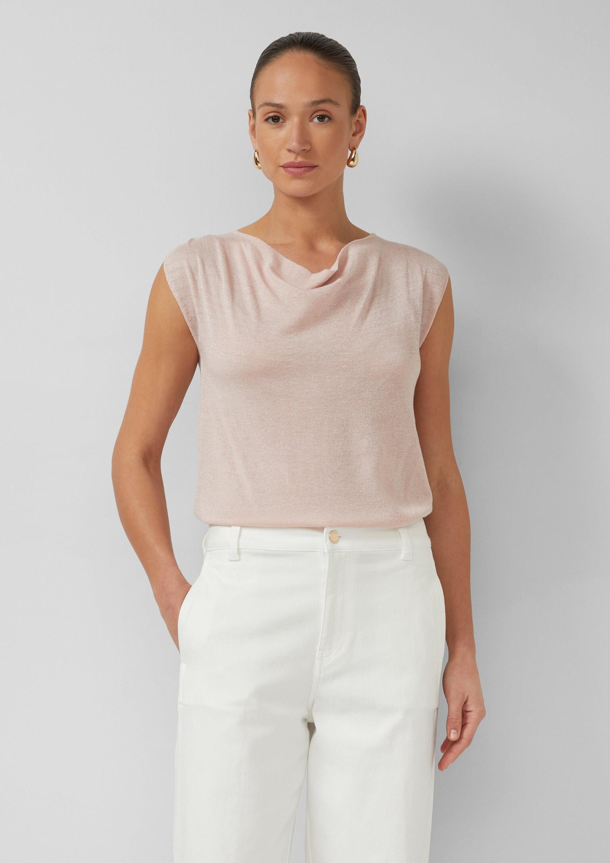 s.Oliver Kurzarmpullover Strickpullunder Fließendes Feinstrick-Shirt mit Wasserfallausschnitt und Glitzergarn