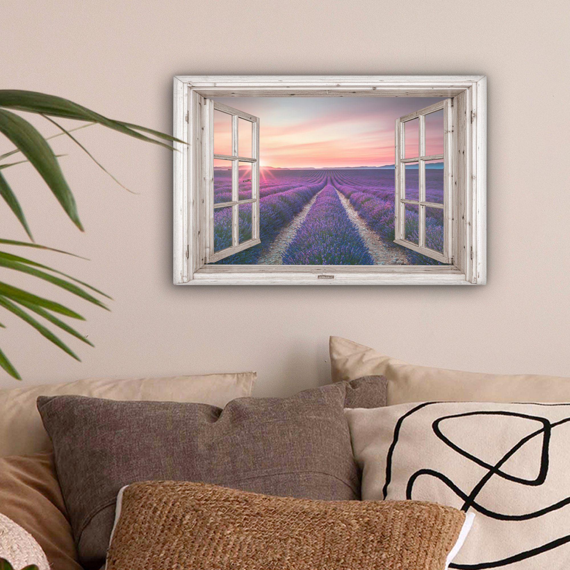 OneMillionCanvasses® Leinwandbild Fensterblick - Fenster - Lavendel - Blume günstig online kaufen