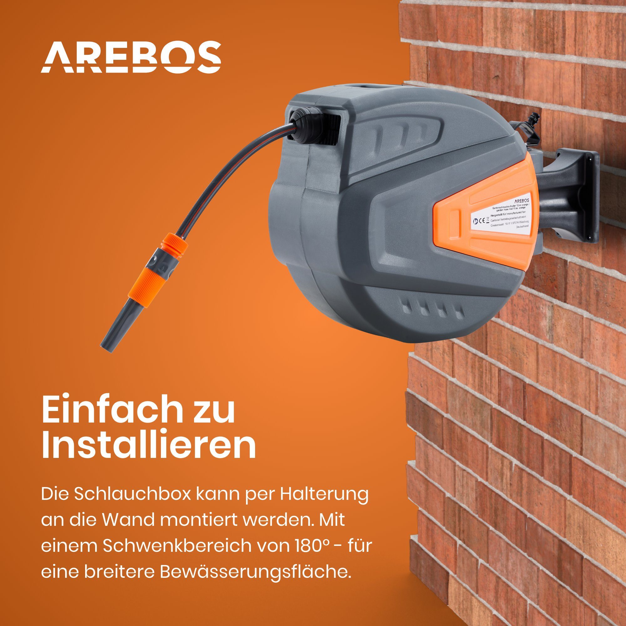 Arebos Schlauchaufroller 30 m, schwenkbare, Wand-Schlauchbox mit Arretierstop, (Stück, 30 m), UV-beständig Dank PVC & Polypropylen Gehäuse
