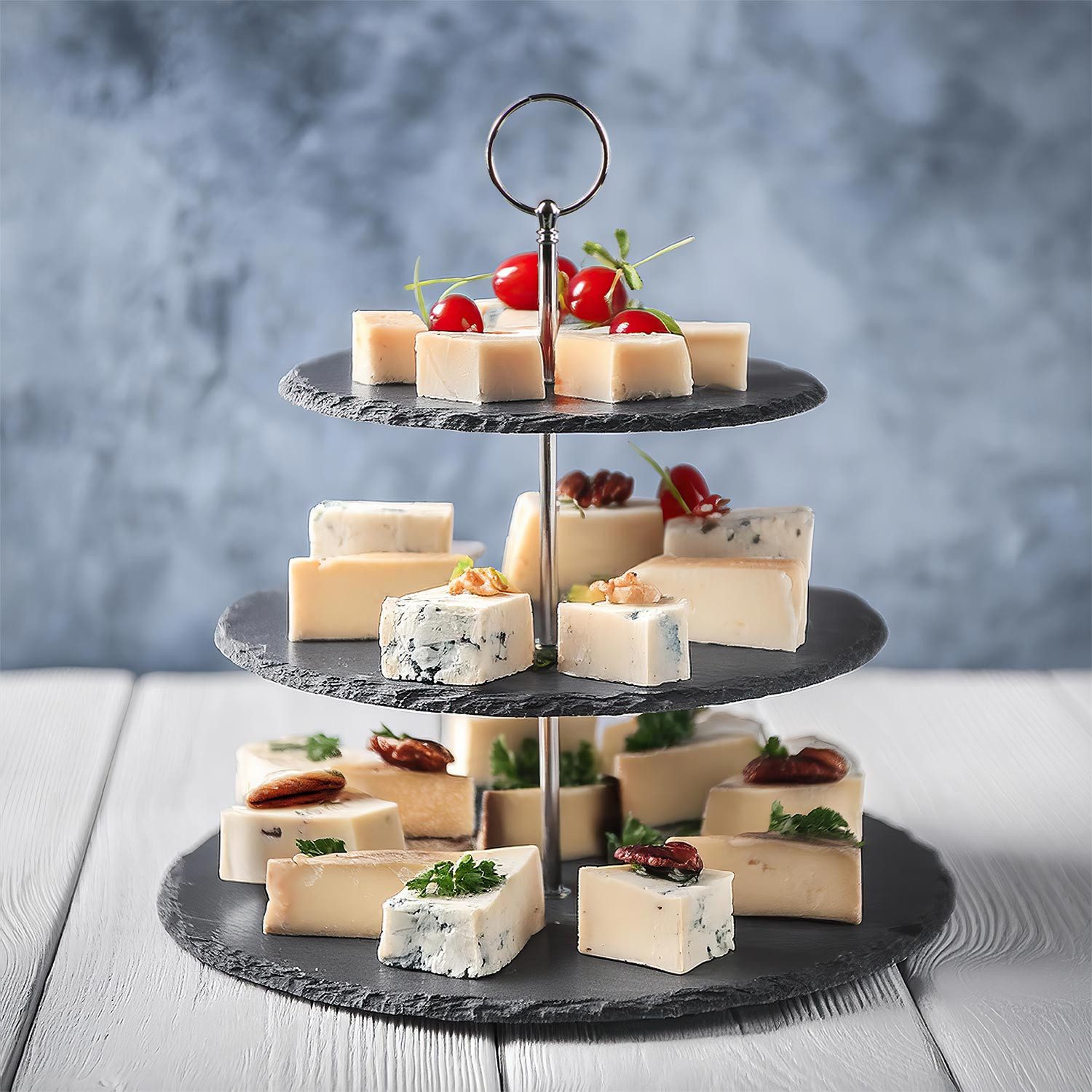 Dimono Etagere Dimono Deluxe 3-stöckige Etagere – Servierständer aus Natur-Schiefer, Schiefer Naturstein, (3-Etagen Servierschalen, Obst- & Gemüseschale), Servierschalen für Desserts, Obst, Gemüse, Süßes uvm.
