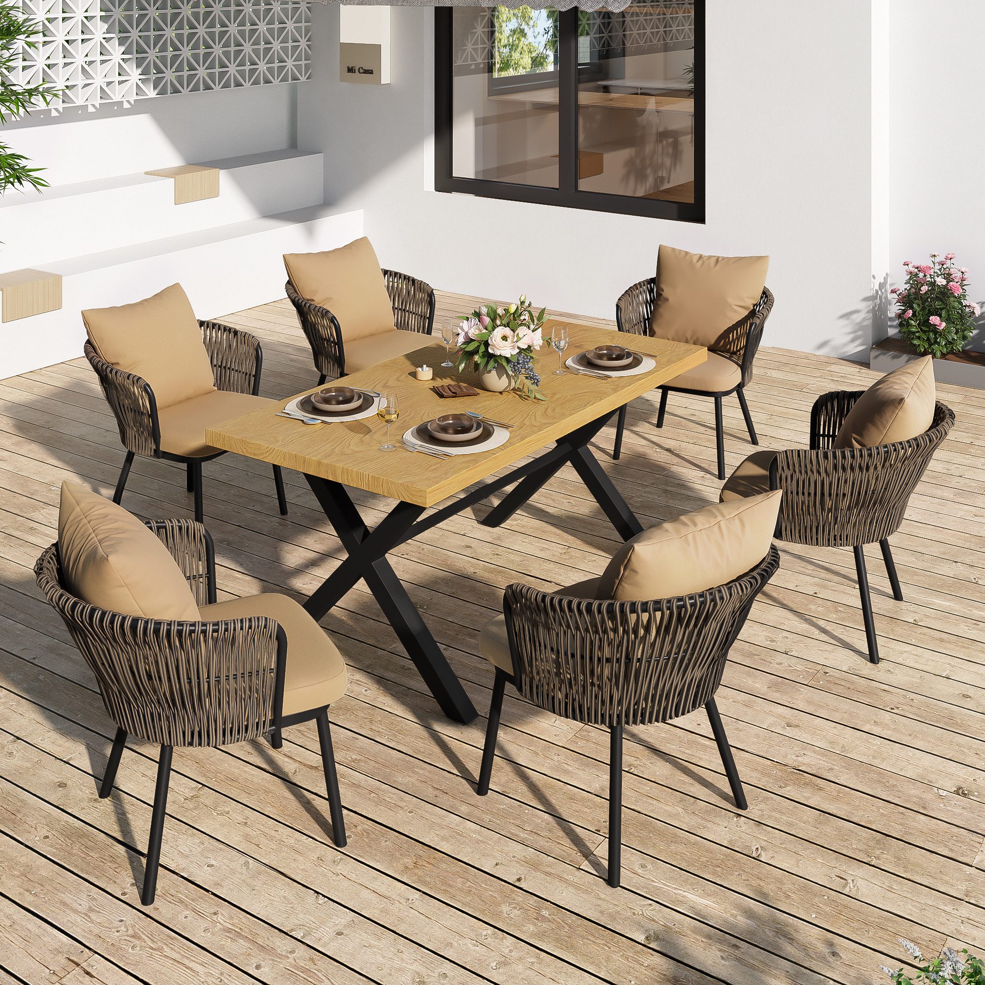 Flieks Garten-Essgruppe, 6-Sitzer Sitzgruppe Gartenmöbel-Set PE-Rattan mit 6 Stühle & 1 Tisch