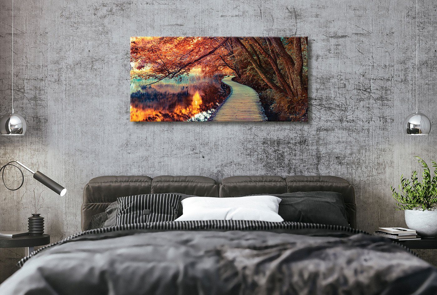Levandeo® Leinwandbild, XXL Wandbild 115x55cm Leinwand Herbstfarben Wald He günstig online kaufen
