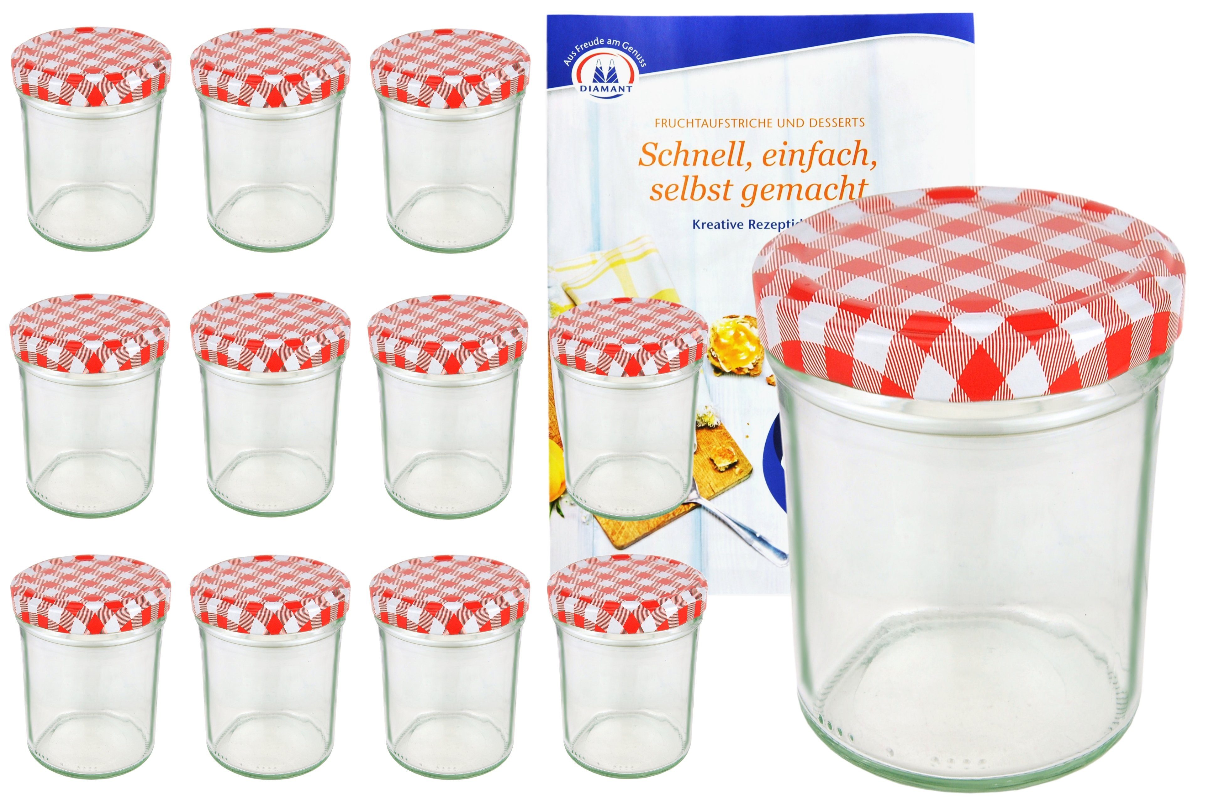 Einmachglas 12er Set Sturzglas 230 ml HOCH To 66 rot karierter Deckel Rezeptheft