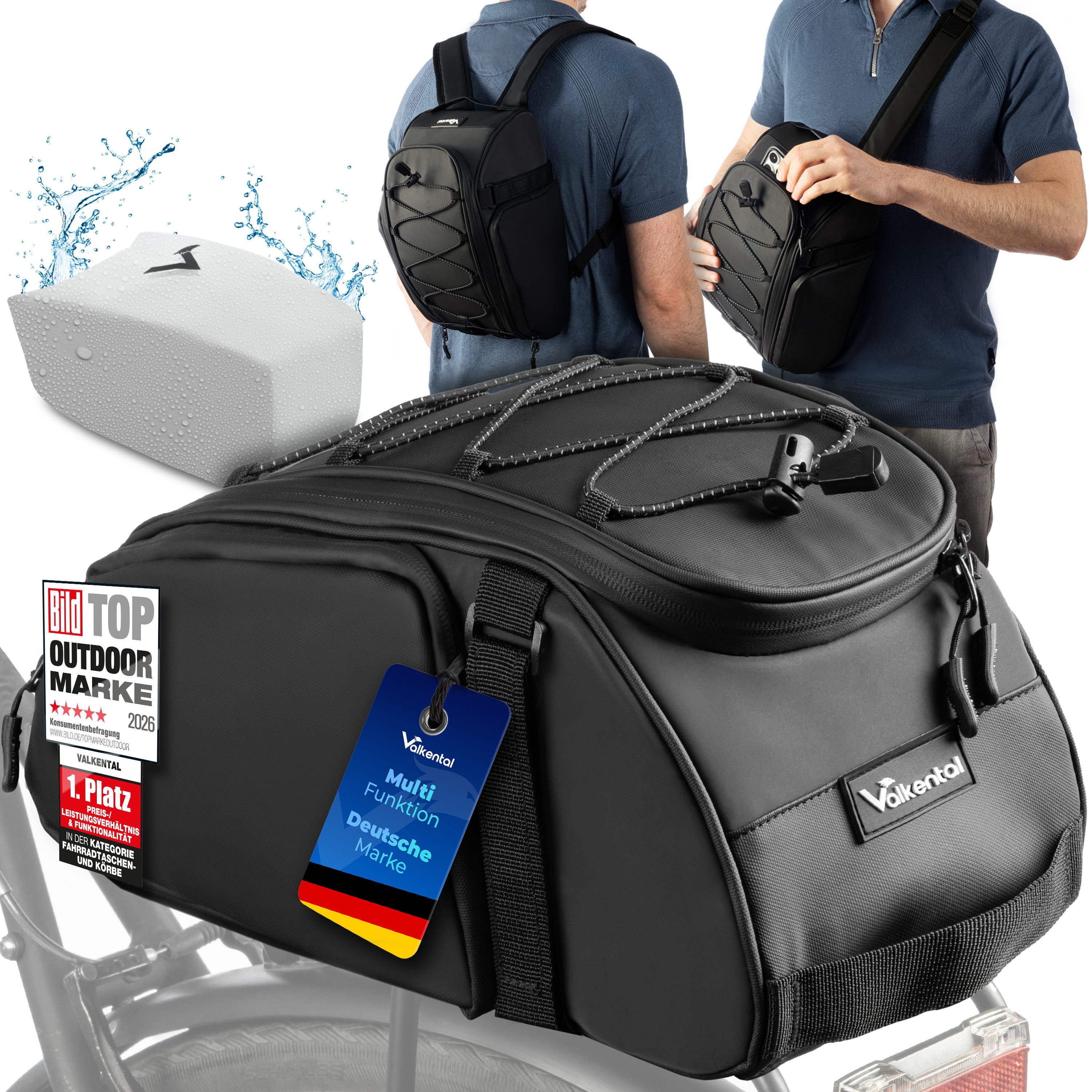 Valkental Gepäckträgertasche 3in1 Fahrradtasche Trunk Bag (mit Rucksackfunktion, und Tragegriff), wasserfest & reflektierend, 10L
