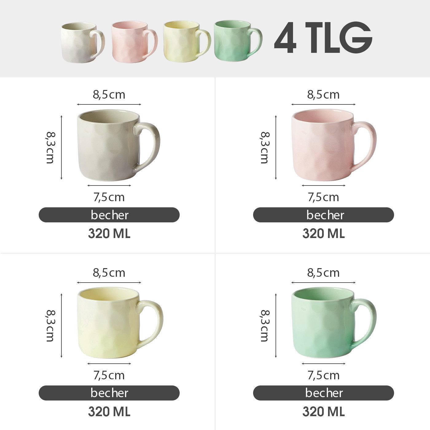 JIWOO Tasse 4er 320ml, Kaffeebecher Skandinavische Geschirr set Becher Teebecher, 4-tlg., Keramik, Keramiktassen Handgefertigt Kafeeservice Mikrowellen spülmaschinenfest