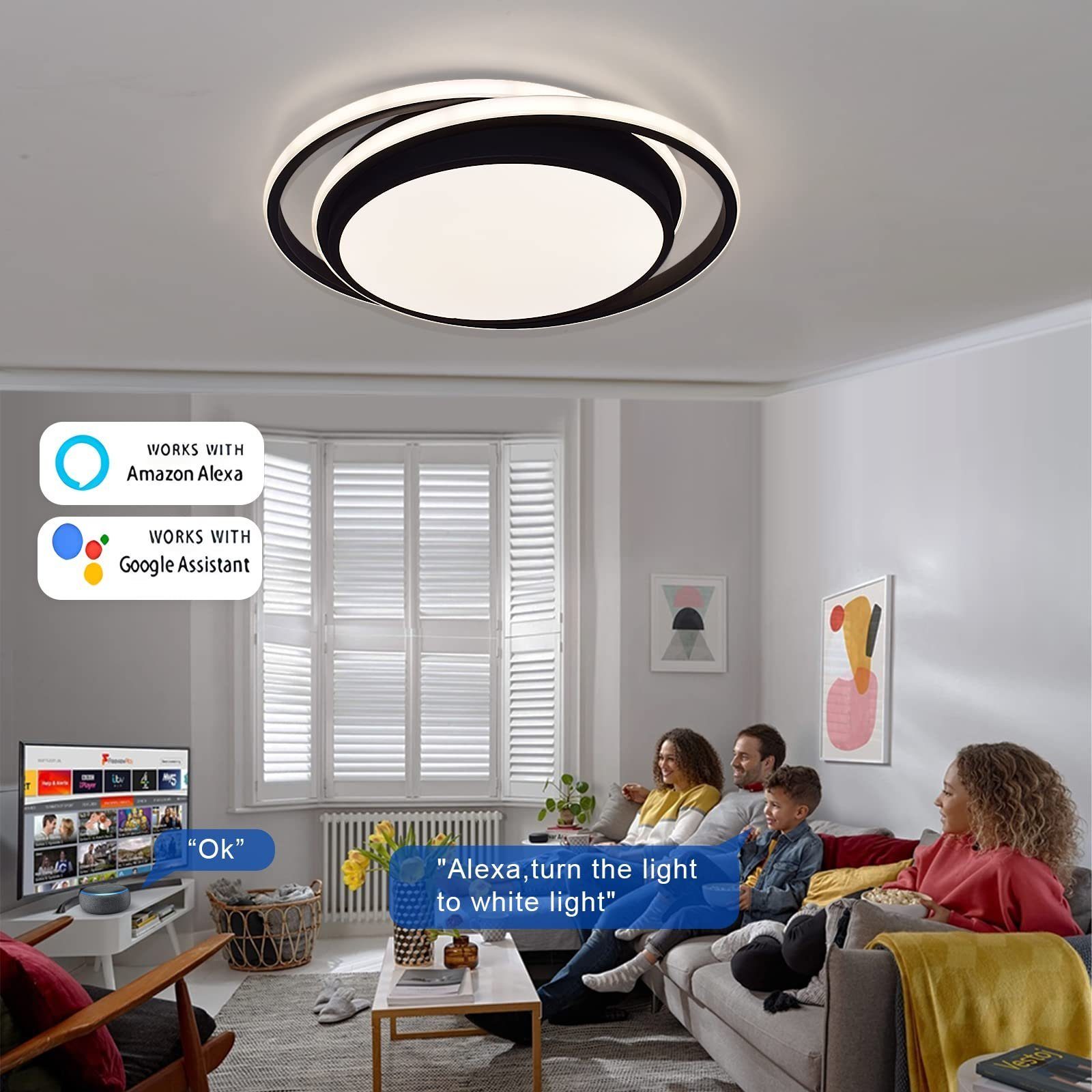 JDONG LED Deckenleuchte Kompatibel mit Fernbedienung Google Kaltweiß, Alexa 40CM, Tageslichtweiß, Home 36W LED fest integriert, mit Schwarz Warmweiß, Dimmbar Deckenlampe Runde Neutralweiß