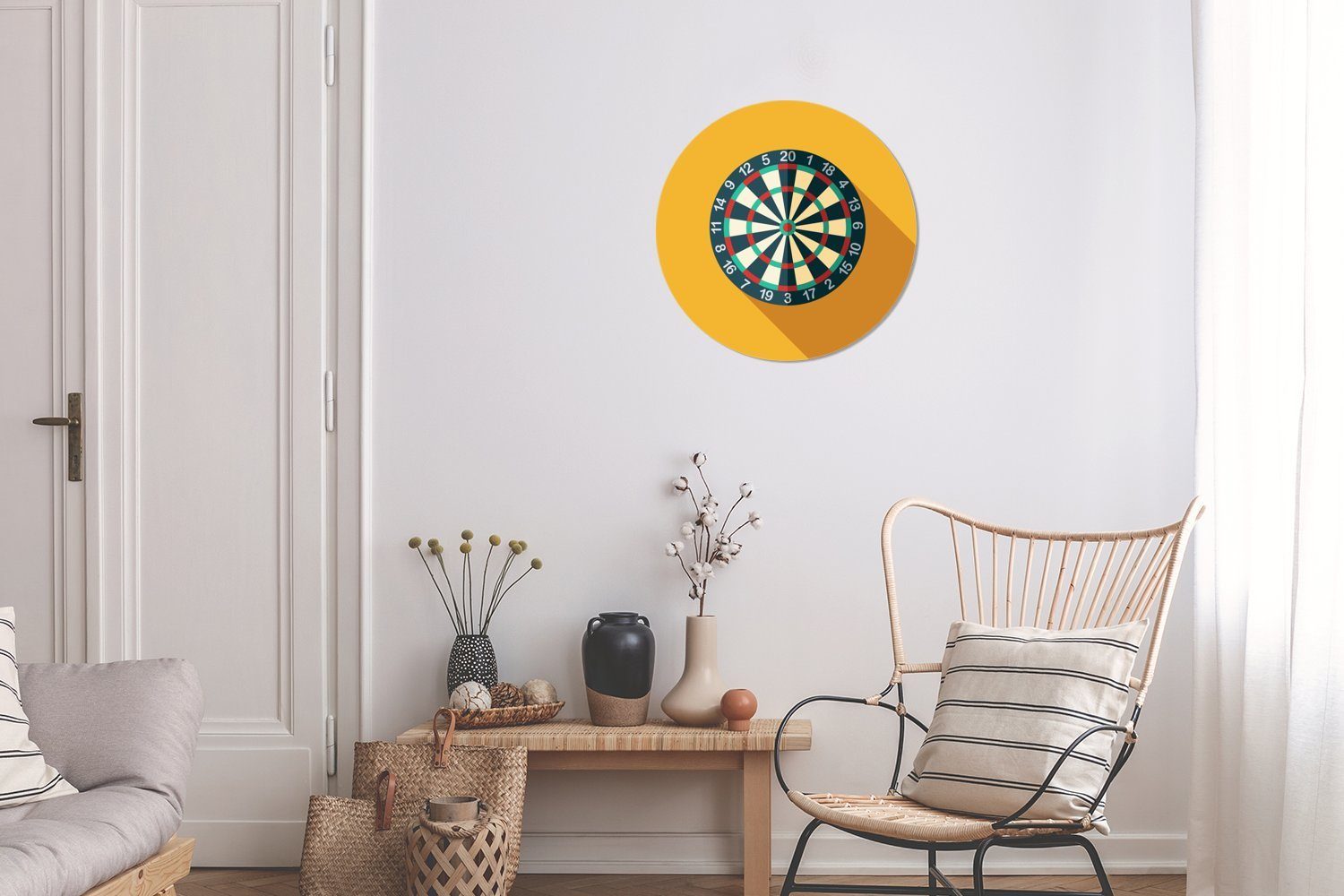 Wandbild, 30x30 an Rundes Gemälde einer Wanddekoration Kreis Wand, MuchoWow Forex, St), Dartscheibe Eine (1 Illustration cm gelben Wohnzimmer, einer