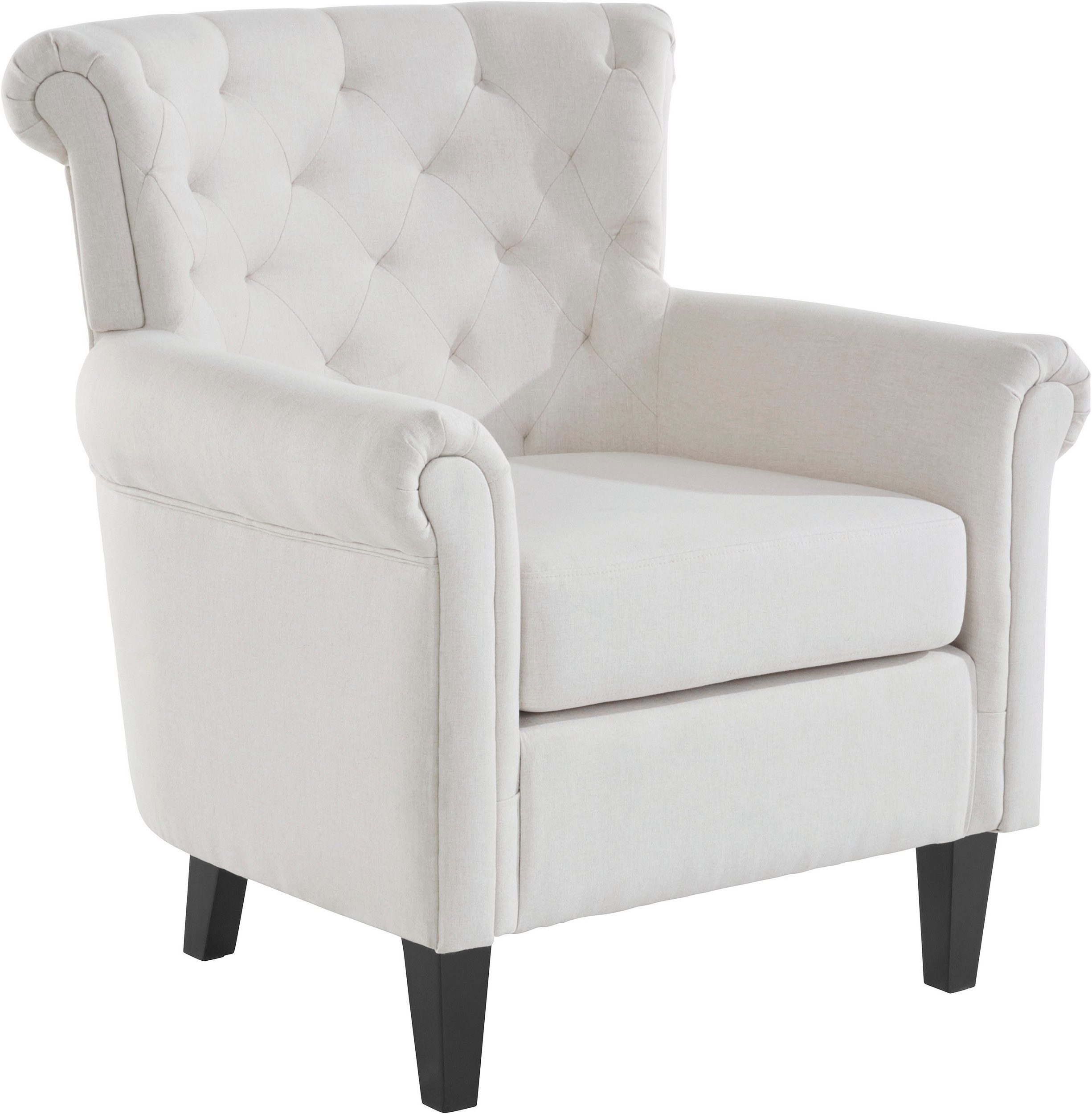 loft24 Sessel Coryn, Stoffbezug mit Diamantensteppung, Sitzhöhe 50 cm, Füße aus Pappelholz creme