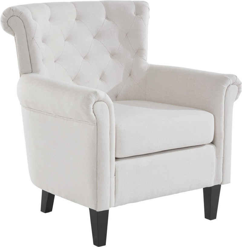 loft24 Sessel Coryn, Stoffbezug mit Diamantensteppung, Sitzhöhe 50 cm, Füße aus Pappelholz
