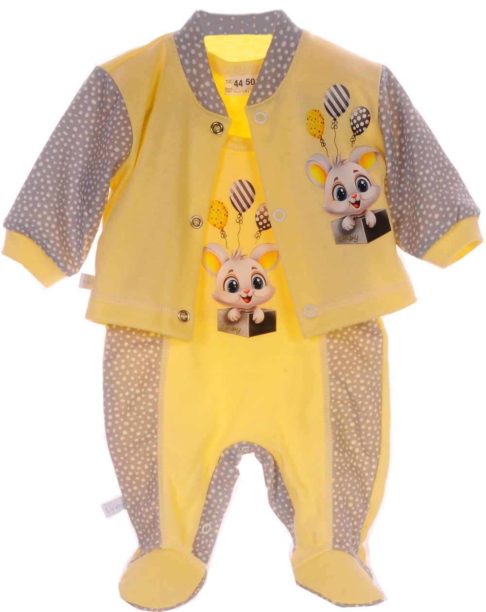 La Bortini Strampler, Jäckchen & Mütze Strampler Mütze und Hemdchen Set Baby Anzug in grün gelb mit Hasen (neutral, für Jungen und Mädchen, Erstlingsset, 3-teilig für Neugeborene) aus reiner Baumwolle, mit Hasen Aufdruck