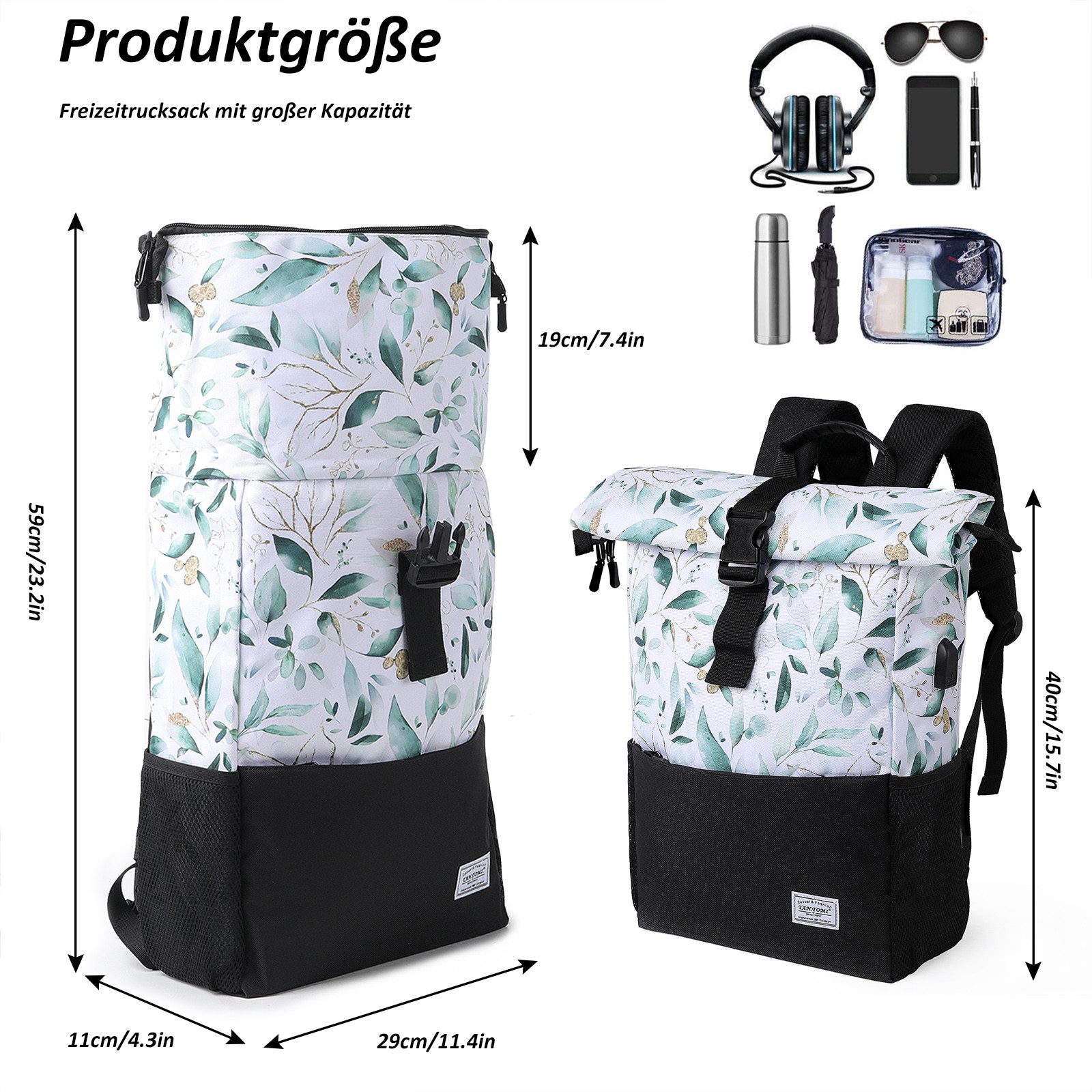 TAN.TOMI Freizeitrucksack Arbeitsrucksack Groß Damen lässiger Rolltop Rucksack Herren Backpack, mit Laptopfach bis 15,6 zoll und externen USB-Anschluss