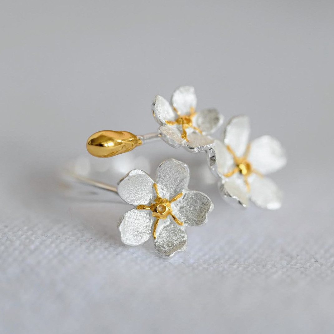 Runde Perlé Silberring große Vergissmeinnicht Blumen, handgefertigter Ring, günstig online kaufen