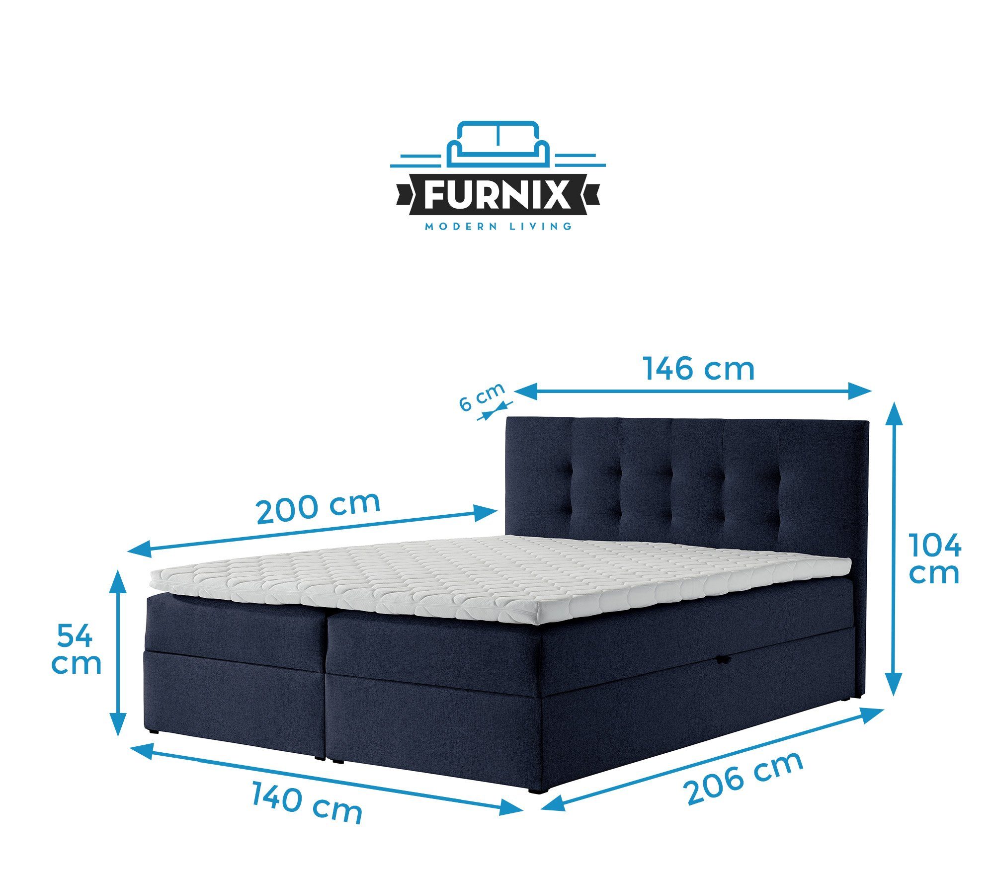 Furnix Boxspringbett TREZO 2 140-180x200 Höhe 5 tiefen 54 Dunkelblau der Auswahl, + Topper Bettkasten mit cm und Liegefläche