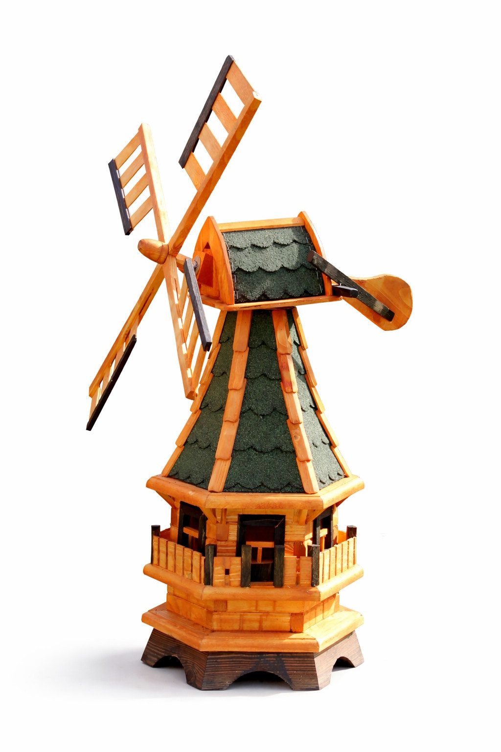 Holzdekoladen Deko-Windrad Gartenwindmühle Holz mit Solarlicht Weiß – drehbare Flügel 99 cm