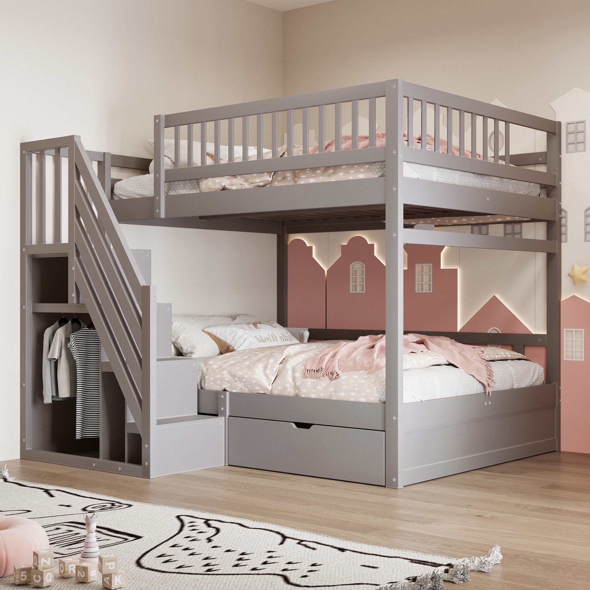 Flieks Etagenbett, Massivholz Kinderbett 140x200cm mit Stauraumtreppe und S günstig online kaufen