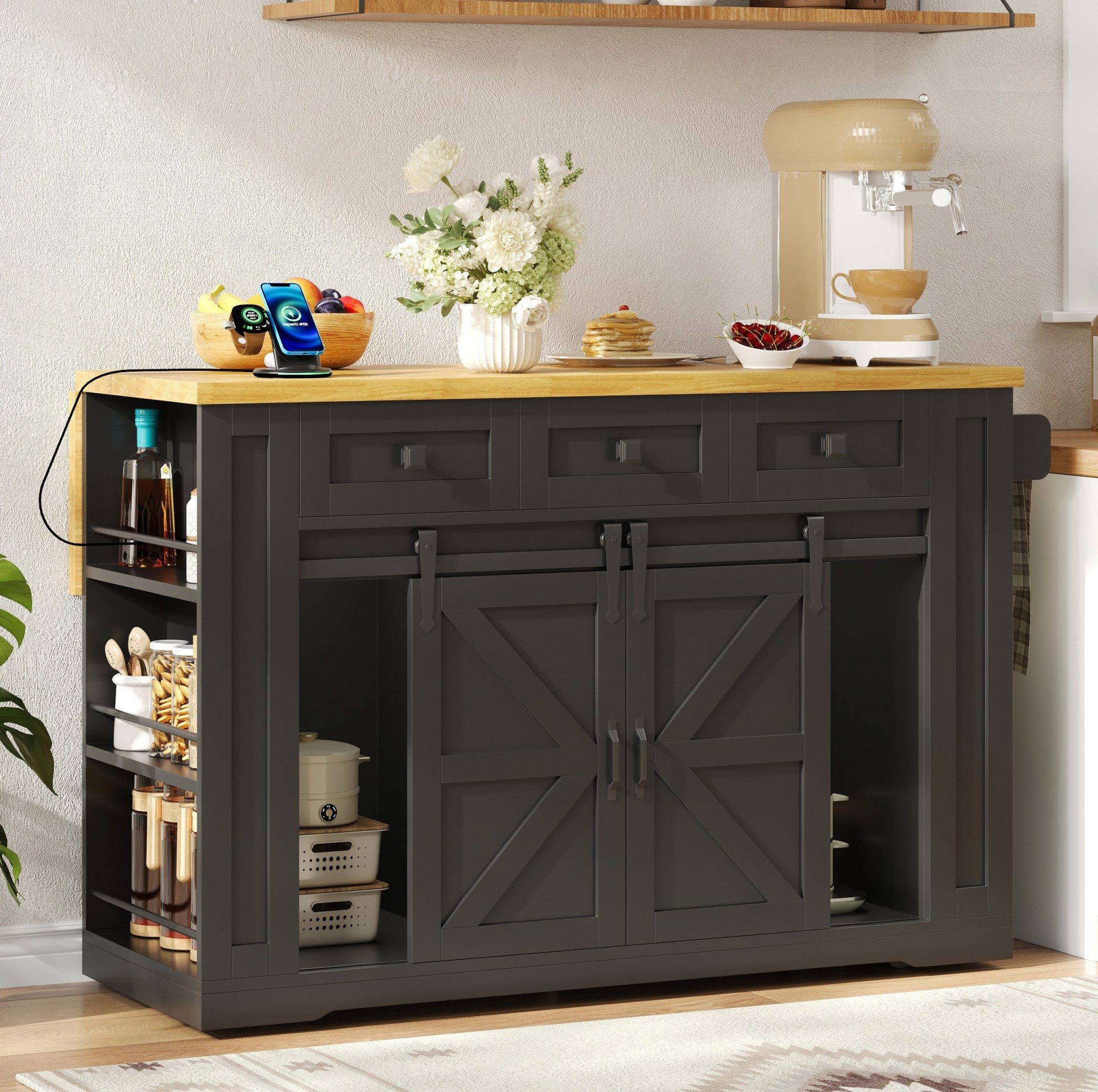 MODFU Kücheninsel Arbeitswagen Küche 130 × 50 (80) × 87 cm mit Erweiterung, (Aufbewahrungswagen mit Ablageregal für Esszimmer und Küche), Mobile Küchenmöbel mit Türen und Stromanschluss für Nutzung