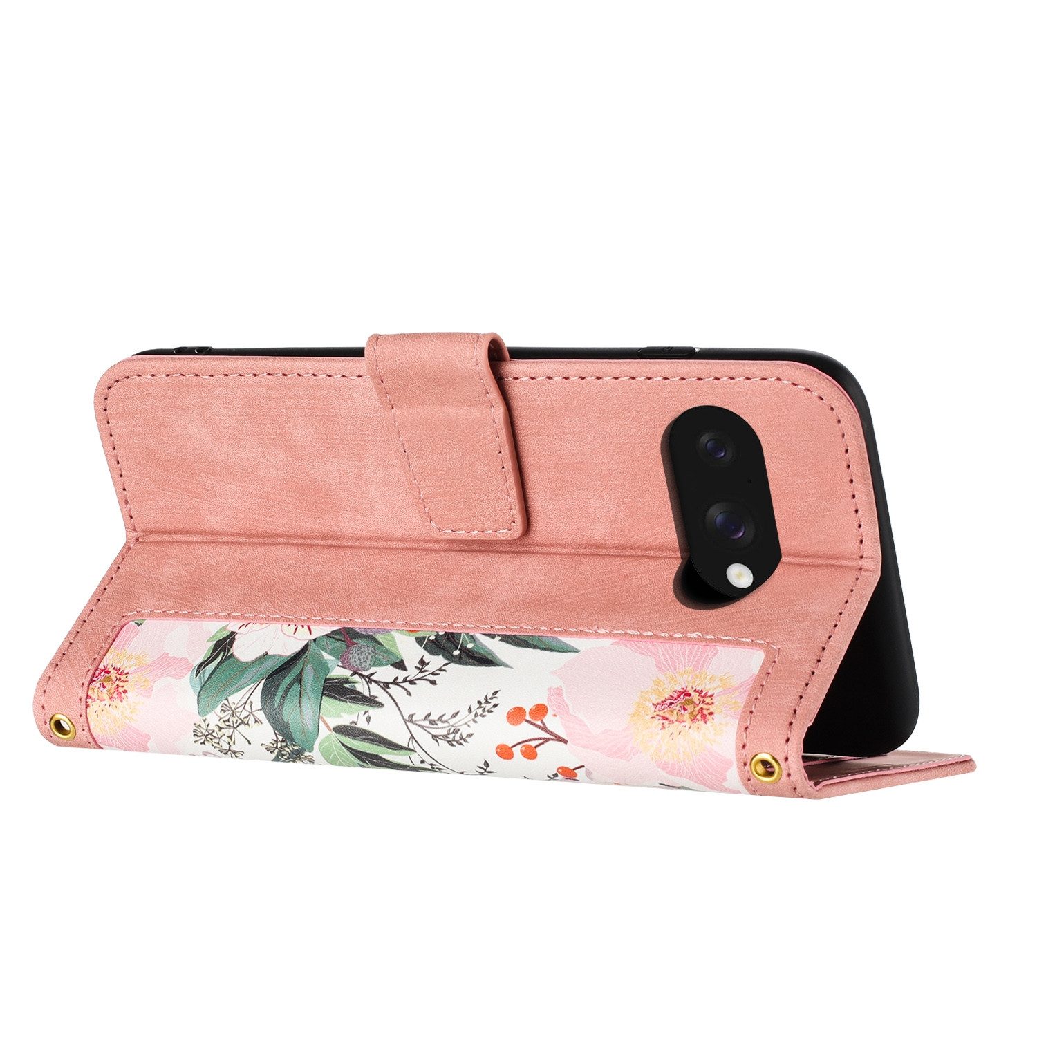 Wigento Smartphone-Hülle Für Google Pixel 9a Kunstleder Book Wallet Blumen Tasche Hülle Rosa, Blumenmuster, Kartenfächer, Lanyard