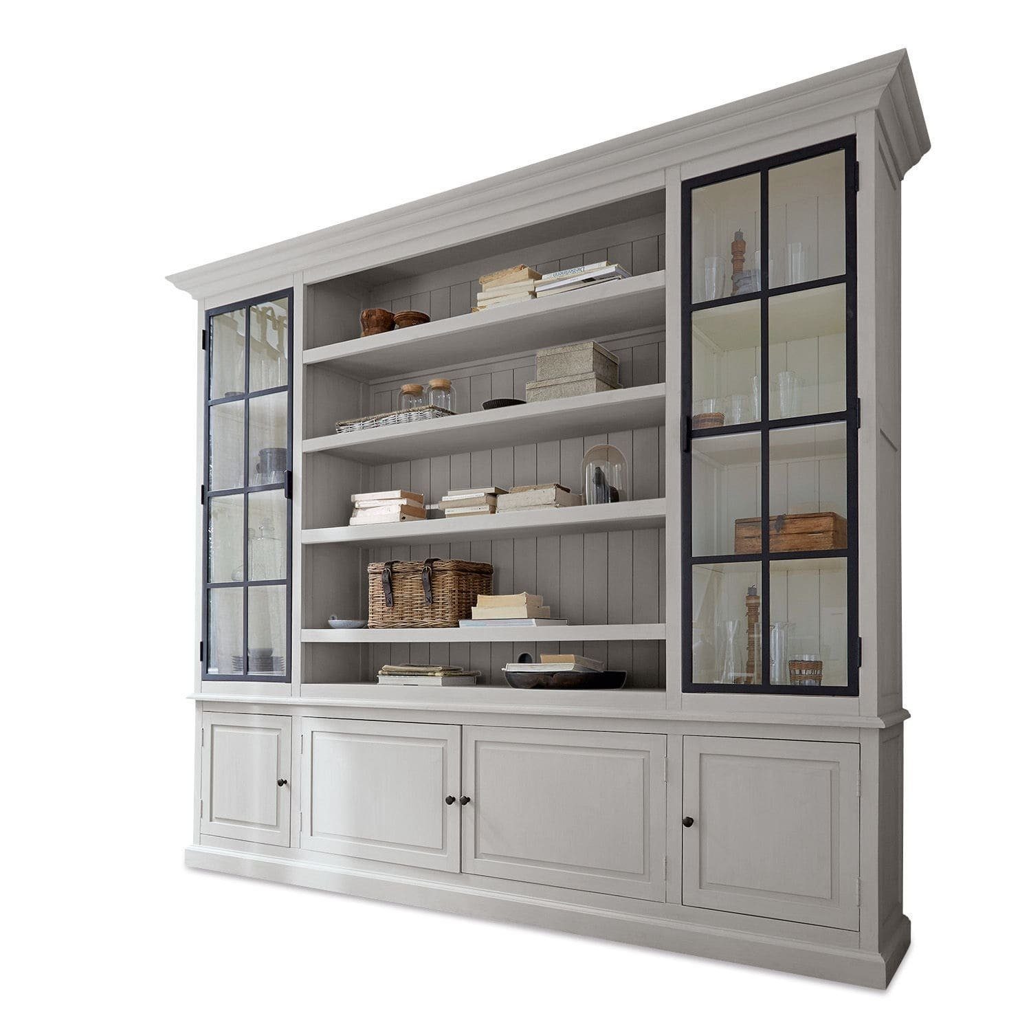 Mirabeau Hochschrank eleganter Schrank Pratola im Landhausstil mit Eisensprossen grau (vielseitig, Glastüren & Aussparungen für TV-Kabel) TV-Schrank, Wohnzimmerschrank, B 270cm, H 230cm, T 50cm
