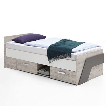 Lomadox Kinderbett LEEDS-10, mit Nachttisch in Sandeiche Nb. mit weiß Lava und Denim Blau 90x200cm