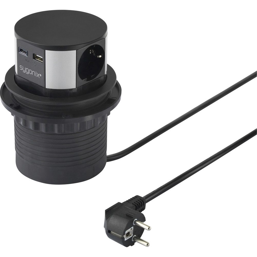 Sygonix Sygonix SY-6887466 Steckdosenturm 3fach Schwarz, Silber Schutzkontakt Steckdosenleiste (Kabellänge 1.50 m)