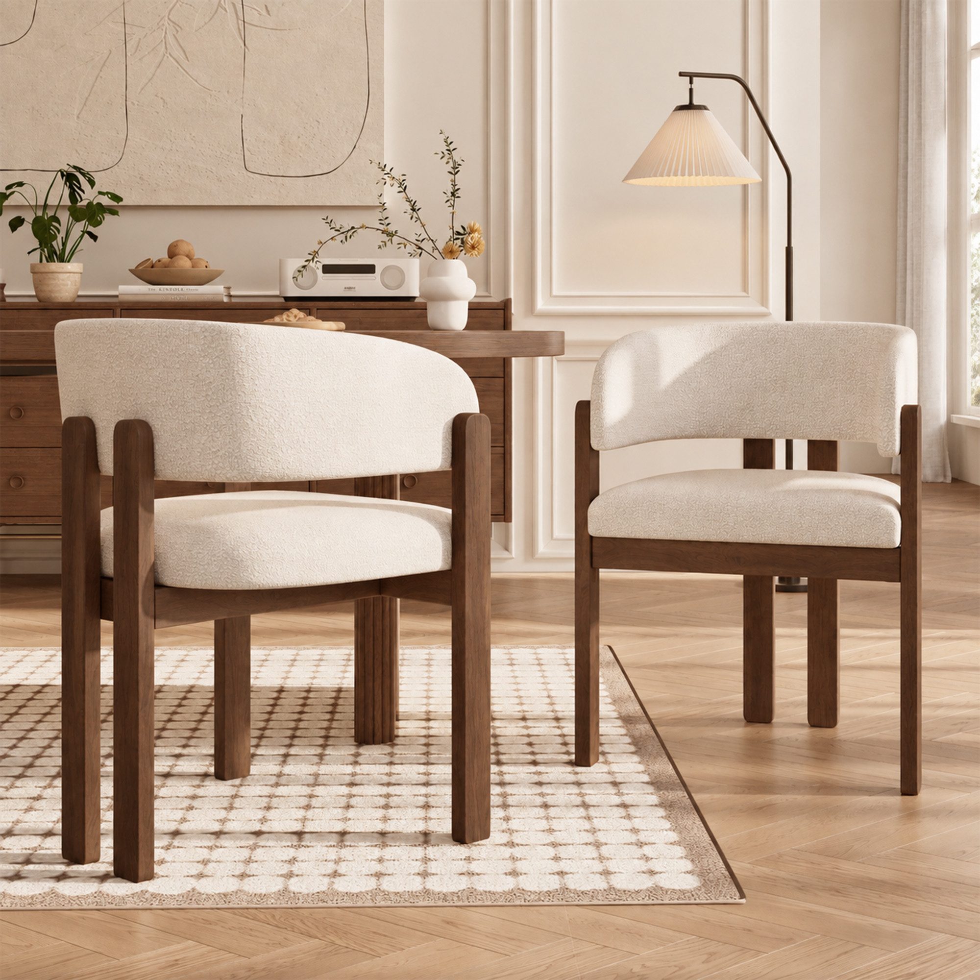 Flieks Polsterstuhl Gestell aus Massivholz, Bezug aus Bouclé-Stoff Beige (Set, 2 St), 2er Set Esszimmerstühle Armlehnstühle Wohnzimmerstuhl Walnussholzfarbe