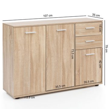 Wohnling Sideboard WL5.288 (mit Türen & Schubladen 107x79x35 cm Schrank Sonoma), Kommode Modern, Anrichte Mehrzweckschrank Klein