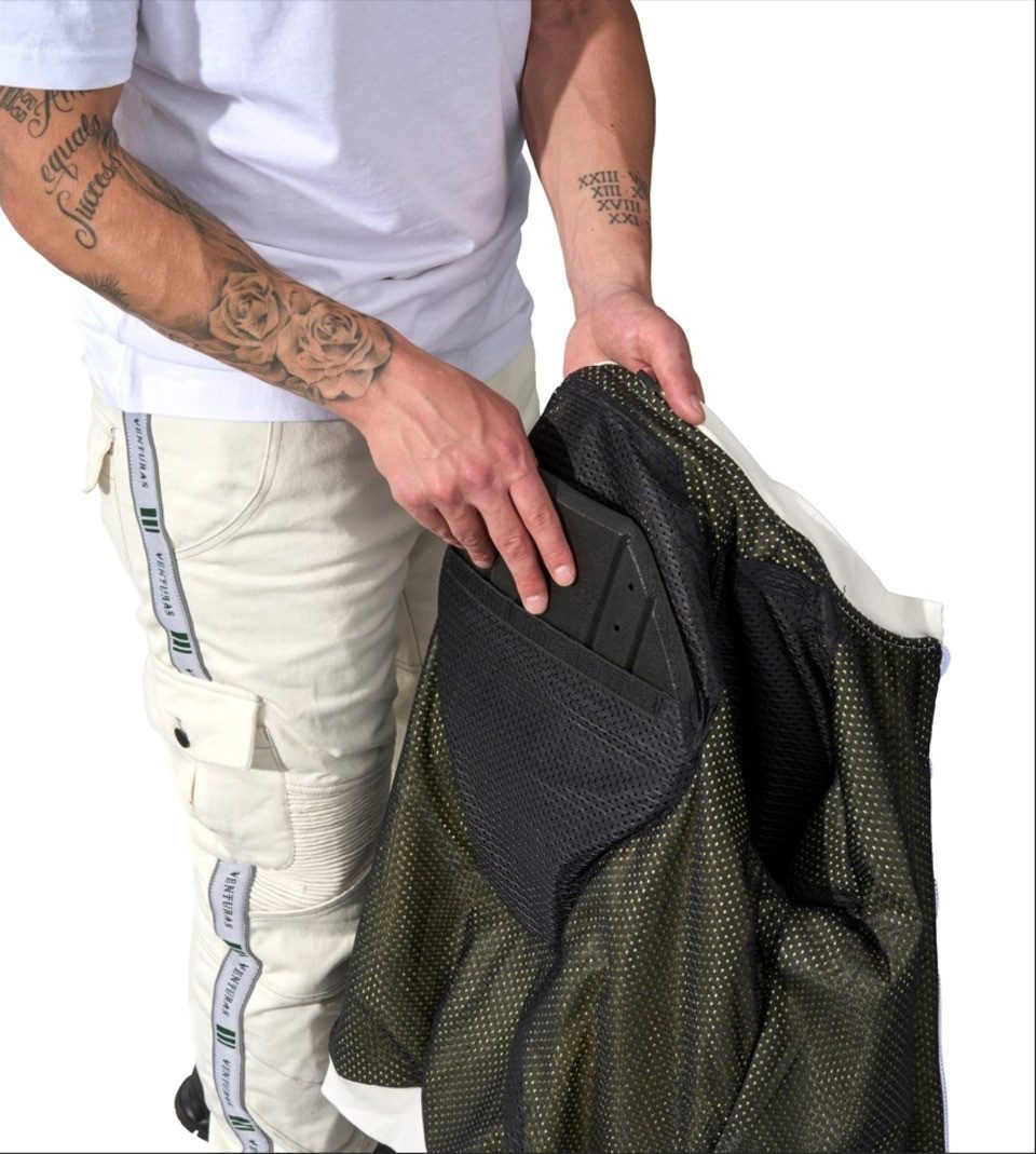 Venturas Motorradjacke 100 % Kevlar, 5 Schutzprotektoren, auch für Freizeit schwarz & weiß 100% hochwertiges Kevlar, 5 Schutzprotektoren, reflektierend bei Nacht