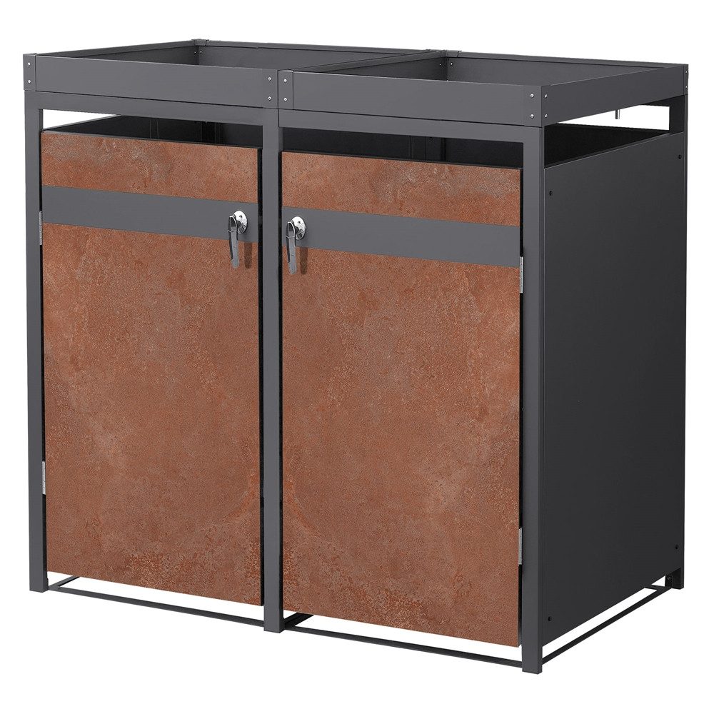 ML-DESIGN Mülltonnenbox Müllbox aus Stahl wetterfeste Mülltonnen Verkleidung Mülltonnengarage, für 2 Tonne 240L 132x80x124cm Anthrazit, Rot-Braun mit Pflanzdach