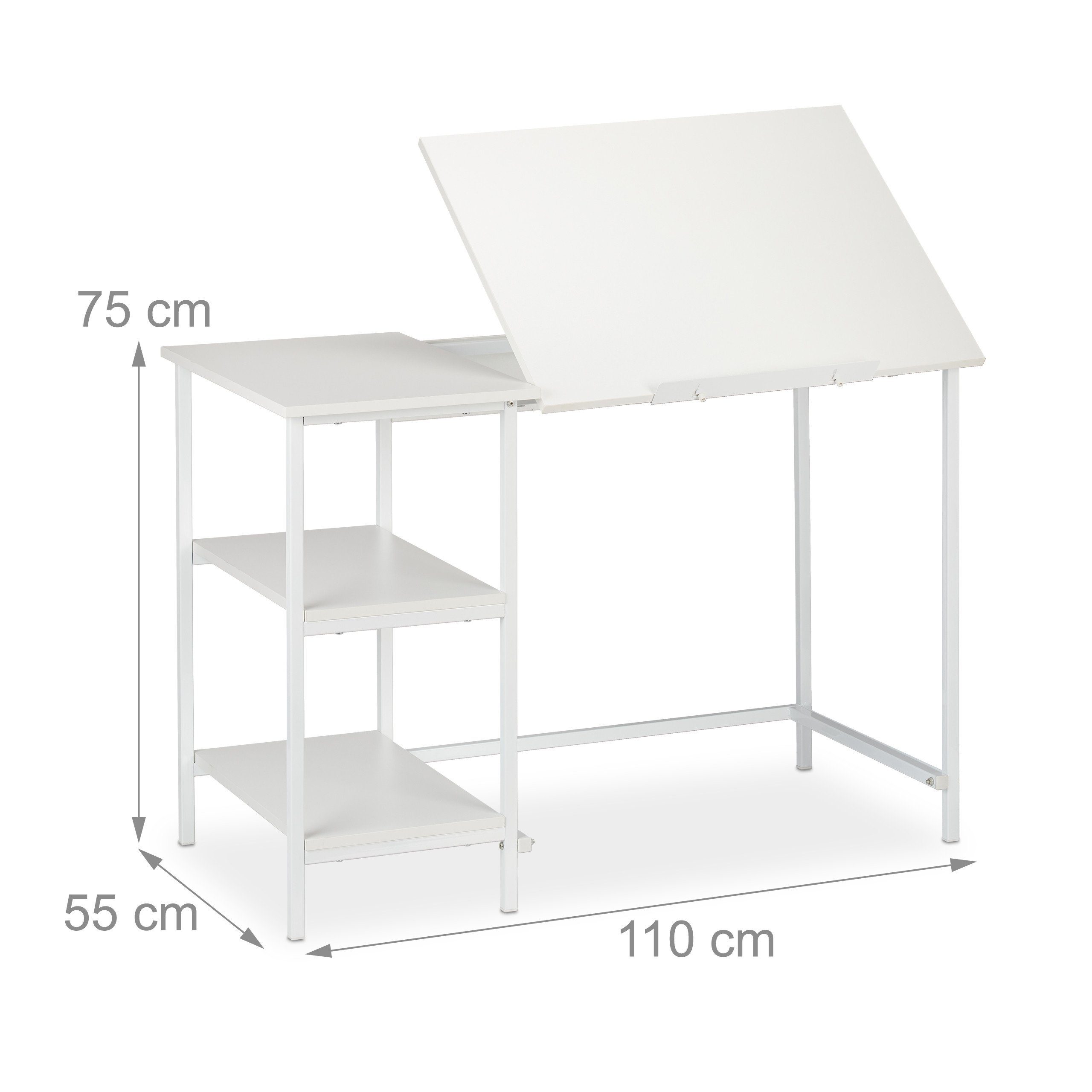 Weiß 3 relaxdays Schreibtisch mit / Ablagen, Weiß Schreibtisch neigbar