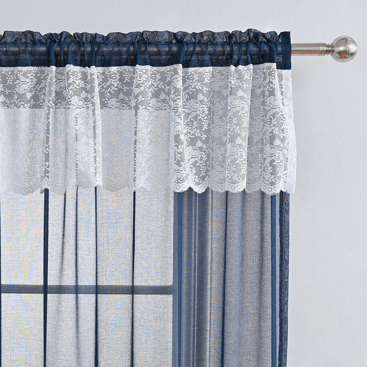 Stangendurchzug (2 Gardine, mit Spitze Blau halbtransparent, Vorhänge HOMEIDEAS, St), Ployester,