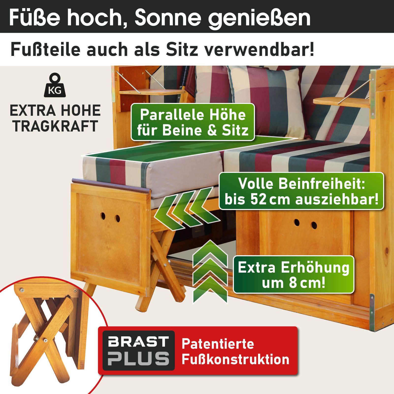 BRAST Strandkorb für 2 Personen, 120cm breit, 5 Designs, BxTxH: 120x79x150 cm, Volllieger, Rügen Deluxe, (verstellbare Rückenlehne weiches Fußkissen), inkl. wetterfeste Abdeckhaube