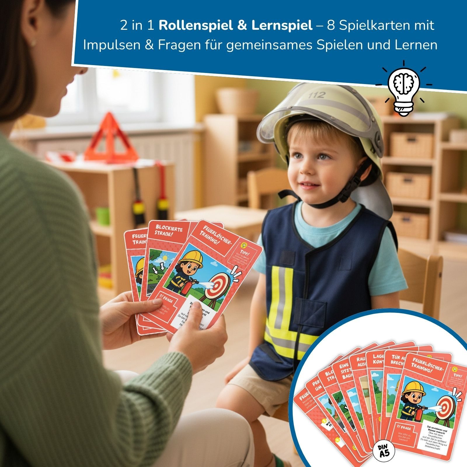 alldoro Spielzeug-Schutzweste Feuerwehr Rollenspiel & Lernset, Feuerwehr-Kostüm inkl. LED-Blaulicht, für Kinder 3-6 Jahre, Verkleidung mit Weste, Helm, Zubehör & 8 Karten