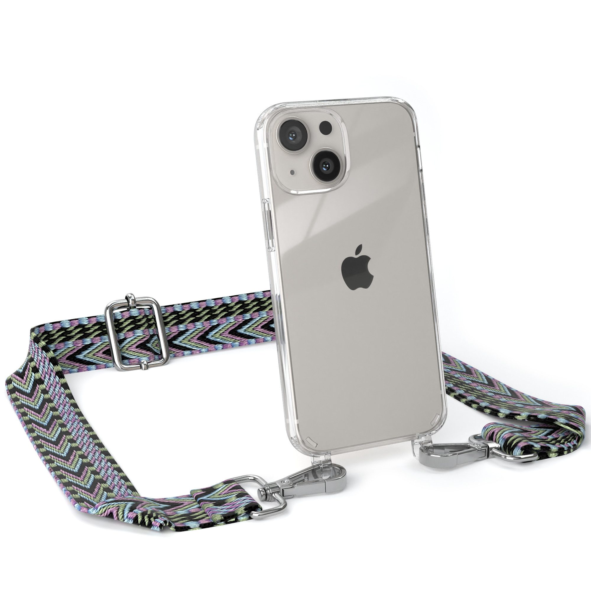 EAZY CASE Handykette Boho Umhängeband für Apple iPhone 13 Mini 5,4 Zoll, Flache Kordel für Handy Ketten Vintage Style Silikontasche Violett