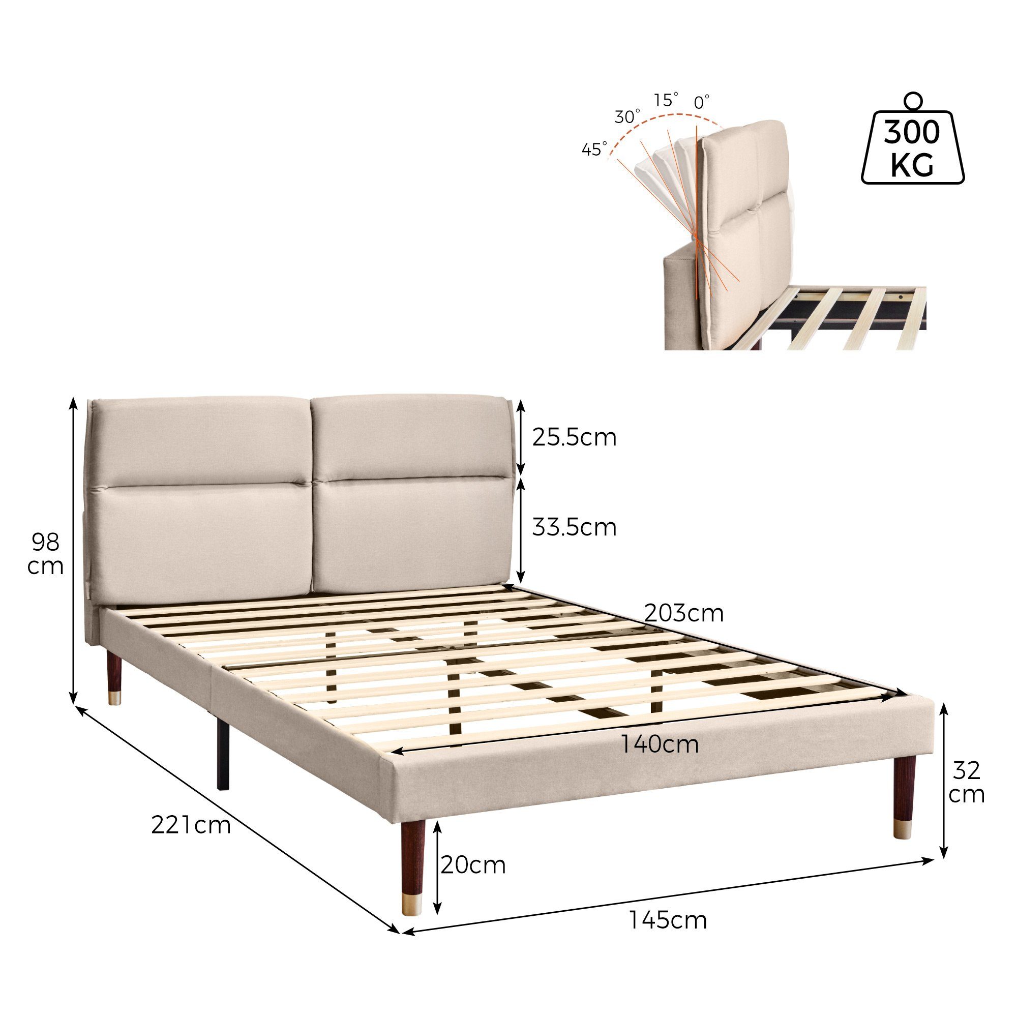 Polsterbett (Doppelbett 140x200cm), mit Winkel-verstellbarem Kopfteil & Lattenrost, Leinen, ohne Matratze