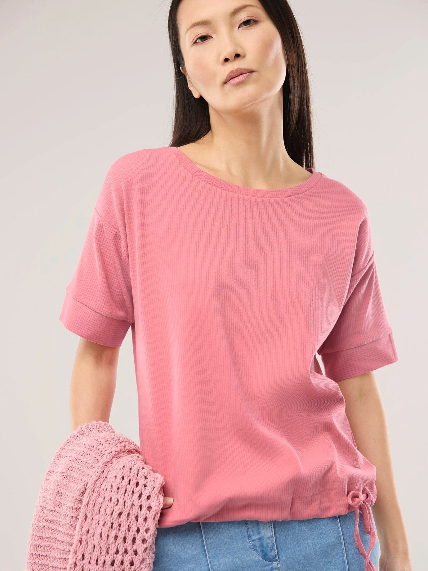 Walbusch Blouson Damen Blousonshirt Rippenstruktur Rundhals Halbarm Baumwolle, Rundhals, modisch