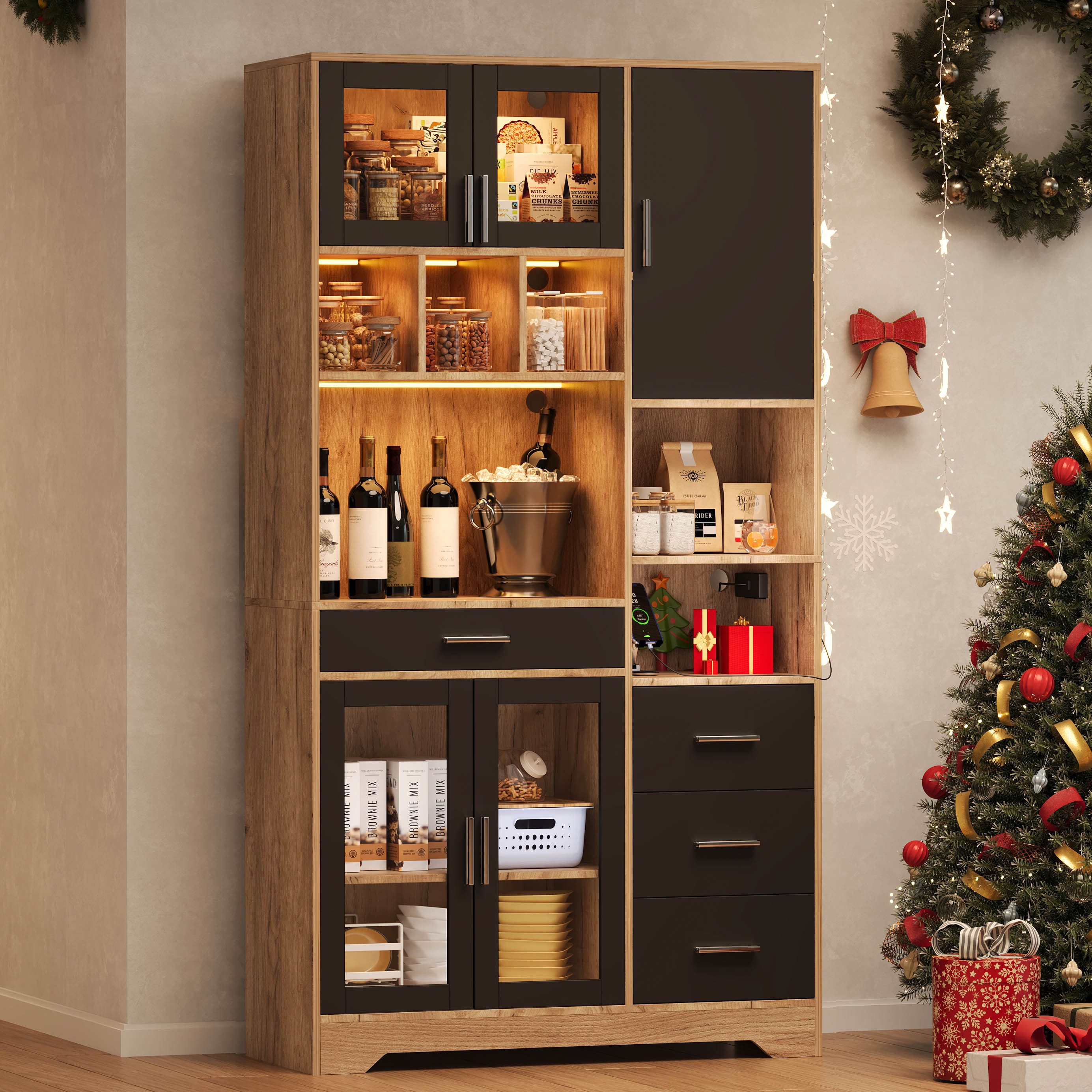 Ulife Küchenbuffet Küchenregal Bauernhaus-Stil 185x100x40 cm, mit Steckdose & LED (1-St) Vitrinenschrank, verstellbare Regale, farbwechselnde LEDs.